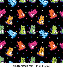 Cute seamless patern. Dragons with wings among the multicolored confetti. Funny cartoon characters.