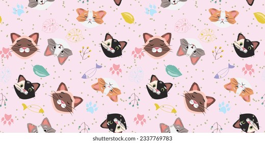 Cute seamless patten with diverse cat faces and breeds. For textile, wrapping paper, packaging. 
