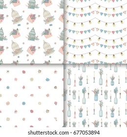 Cute seamless pattens set. Boho style children design. Vector hand drawn illustrations.

