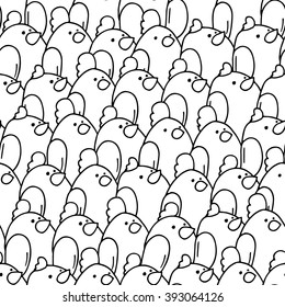 Cute seamless pattern about farm live with crowd of chikens. Black and white cartoon vector summer background. Can be used for wallpaper,pattern fills, kid design.
