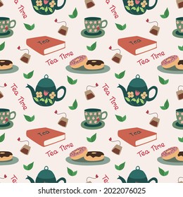 Cute Seamless Pattern About Tea Time And Tea Elements Vector Design. Beverages Pattern Background For Kids Nursery Pattern, Backdrop, Wallpaper, Fabric Pattern, Wrapping Paper.