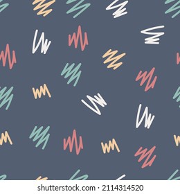 cute seamless pattern with abstract colorful squiggle lines shapes on dark blue background. childish cute abstract pattern for textile, fabric, wallpaper