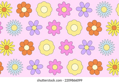 Cute seamless pattern with abstract colorful daisies flowers. Vector background in 90s, 00s and kidcore style