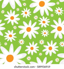Cute seamless pattern with abstract daisies. Vector illustration. White, green, orange.