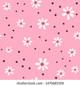 Cute seamless pattern with abstract flowers and round spots. Girly floral print. Vector illustration.