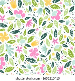 cute seamless pattern with abstract flowers and leaves on white background. Spring, summer, women's day theme.  EPS 10