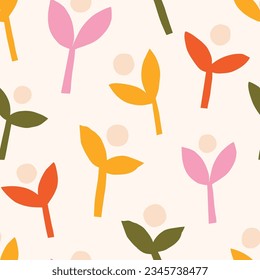 Cute seamless pattern with abstract flowers and leaves. Vector botanical texture. Modern background with cut out plants