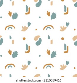 Cute seamless pattern with abstract organic shapes and leaves. Vector repeat texture for nursery wallaper, wrapping paper, fabric design, apparel print