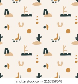 Cute seamless pattern with abstract organic shapes and tropical plants. Vector repeating texture for wallpaper, wrapping paper, fabric design, apparel print