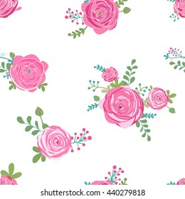 Cute seamless pattern with abstract pink ranunculus flowers