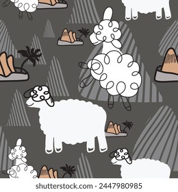 Cute seamless pattern with abstract sheep, hills, flowers and mountains. Seamless pattern For wrapping paper, fabric, textile, wallpaper, cards, print. Vector illustration.