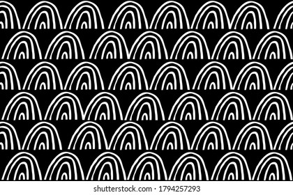 Cute seamless pattern with abstract white rainbow on black background. Creative vector background for fabric, textile, nursery wallpaper.