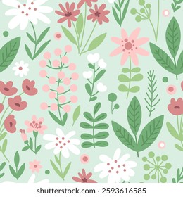 Cute seamless pattern with abstract wild flowers on a light green background. Vector illustration. Funny hand drawn background for fabric or paper, any surface design