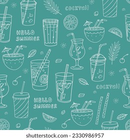 Cute seamless pattern with acoholic and non-acoholic cocktail, lemon slices, mint, ice cubes. Doodle. Great for decoration menu design, packaging, interior, print posters, banner. Isolated on blue.