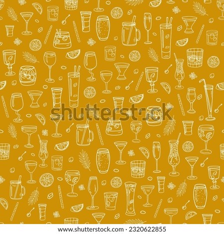 Cute seamless pattern with acoholic and non-acoholic cocktail, lemon slices, mint, ice cubes in doodle style. Great for decoration interior, print posters, business banner, menu design, packaging. 