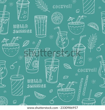 Cute seamless pattern with acoholic and non-acoholic cocktail, lemon slices, mint, ice cubes. Doodle. Great for decoration menu design, packaging, interior, print posters, banner. Isolated on blue.