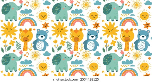 Cute seamless pattern with adorable cartoon animals and fun nature scenes, giraffe, bear and elephant surrounded by happy suns, clouds and rainbows, perfect for nursery wall decor