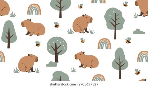 Lindo patrón sin fisuras con adorables capibaras de dibujos animados en un bosque con arcoíris y pequeñas abejas para la decoración del vivero de los niños.