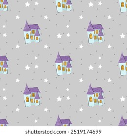 Cute seamless pattern with adorable castle with stars. Vector background in Scandinavian style for design textile or backdrop