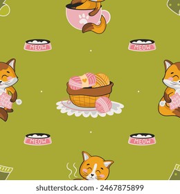 Cute seamless pattern with adorable cat characters knitting and balls of yarn on green background, ornament for kids in cartoon style
