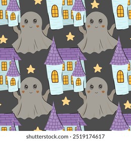 Cute seamless pattern with adorable ghost, castle and star. Vector background in Scandinavian style for design textile or backdrop