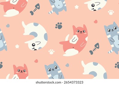 Cute seamless pattern with adorable kittens. Kids fashion print, wallpaper or textile decor of pretty cats, cartoon animals in soft pastel colors. Simple design with cats on pink. Vector illustration.