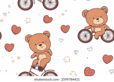 Cute Seamless Pattern with Adorable Teddy Bears Riding Bicycles and Floating Hearts on White Background.