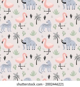 Cute seamless pattern with African animals. Creative vector childish background for fabric, textile