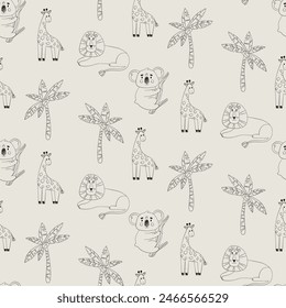 Cute seamless pattern with african animals. Giraffe, lion, koala.