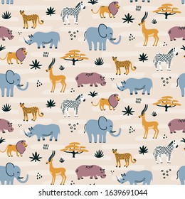 Cute seamless pattern with African wild animals - adorable hand drawn safari themed repeat pattern design