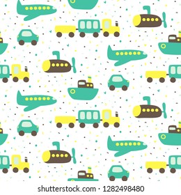 Cute seamless pattern with airplane, car, train, ship. Print for kids. Vector illustration.