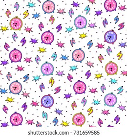 Cute seamless pattern with alarm clocks. Fun colorful cartoon style of 80s-90s. White background.
