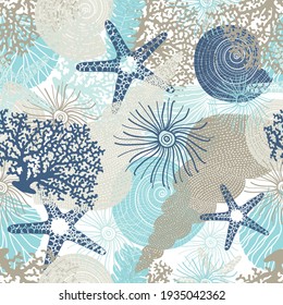 Cute seamless pattern with algae, corals and seashells.