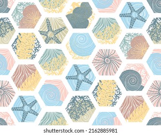 Cute seamless pattern with algae, corals and seashells.
Can be used in textile industry, paper, background, scrapbooking.