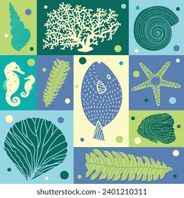Cute seamless pattern with algae, corals and seashells.
Can be used in textile industry, paper, background, scrapbooking.