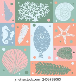 Cute seamless pattern with algae, corals and seashells.
Can be used in textile industry, paper, background, scrapbooking.