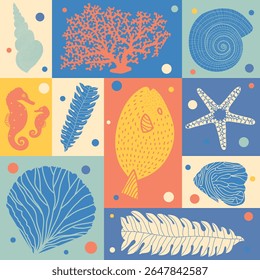 Padrão bonito e sem emenda com algas, corais e conchas.
Pode ser usado na indústria têxtil, papel, fundo, scrapbooking.