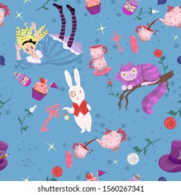 Cute seamless pattern Alice in wonderland. Vector graphics.