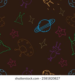 Cute seamless pattern with aliens, rockets and stars for the design of children's items