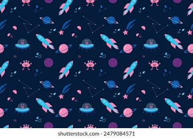Cute seamless pattern with aliens, space for children. Perfect for kids apparel,fabric, textile, nursery decoration,wrapping paper.Vector illustration