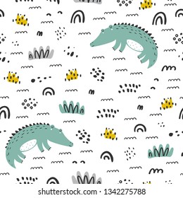 Cute Seamless Pattern With Alligator. Design For Fabric. Cute Summer Background.