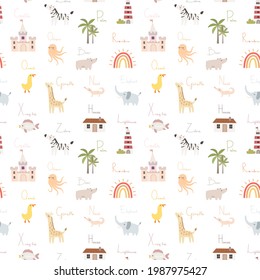 Cute seamless pattern with alphabet elements. Cartoon background with text and elements. Decor for nursery and kids room. Castle, rainbow, houses