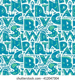 Cute seamless pattern with alphabet letters in blue and green on white background. Vector background for print, home decor, textile design, wrapping paper, wallpaper
