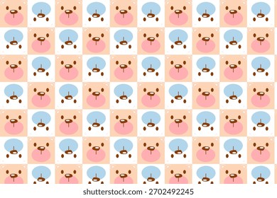 Cute seamless pattern with alternating pink and blue bear faces on a checkered background. Perfect for baby, kids, or playful design projects.