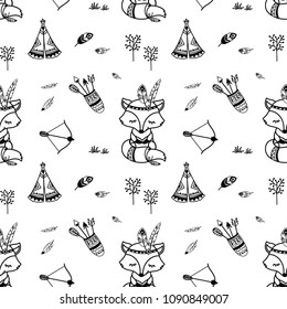 Cute seamless pattern. American indian fox character, wigwam, feather, bow and arrow.Vector illustration