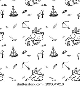 Cute seamless pattern. American indian fox character, wigwam, feather and arrow.Vector illustration