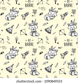 Cute seamless pattern. American indian fox character, wigwam, feather  and arrows.Vector illustration