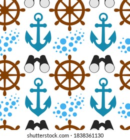 
Cute seamless pattern with anchor, steering wheel, binoculars, sea splashes on a white background. Marine items in a flat style.
Stock vector illustration for decor and design, textiles,
wallpaper