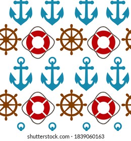 Cute seamless pattern with anchor, steering wheel, lifebuoy on a white background. Marine items in a flat style.
Stock vector illustration for decor and design, textiles,
wallpaper, wrapping paper