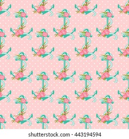Cute seamless pattern with anchors and flowers. Polka dot background. Vector illustration. 
